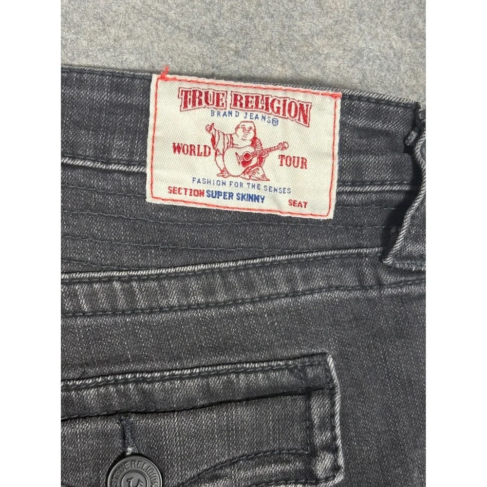 True Religion Mens Super Skinny Moto Jeans Faded Black Ribbed Knee